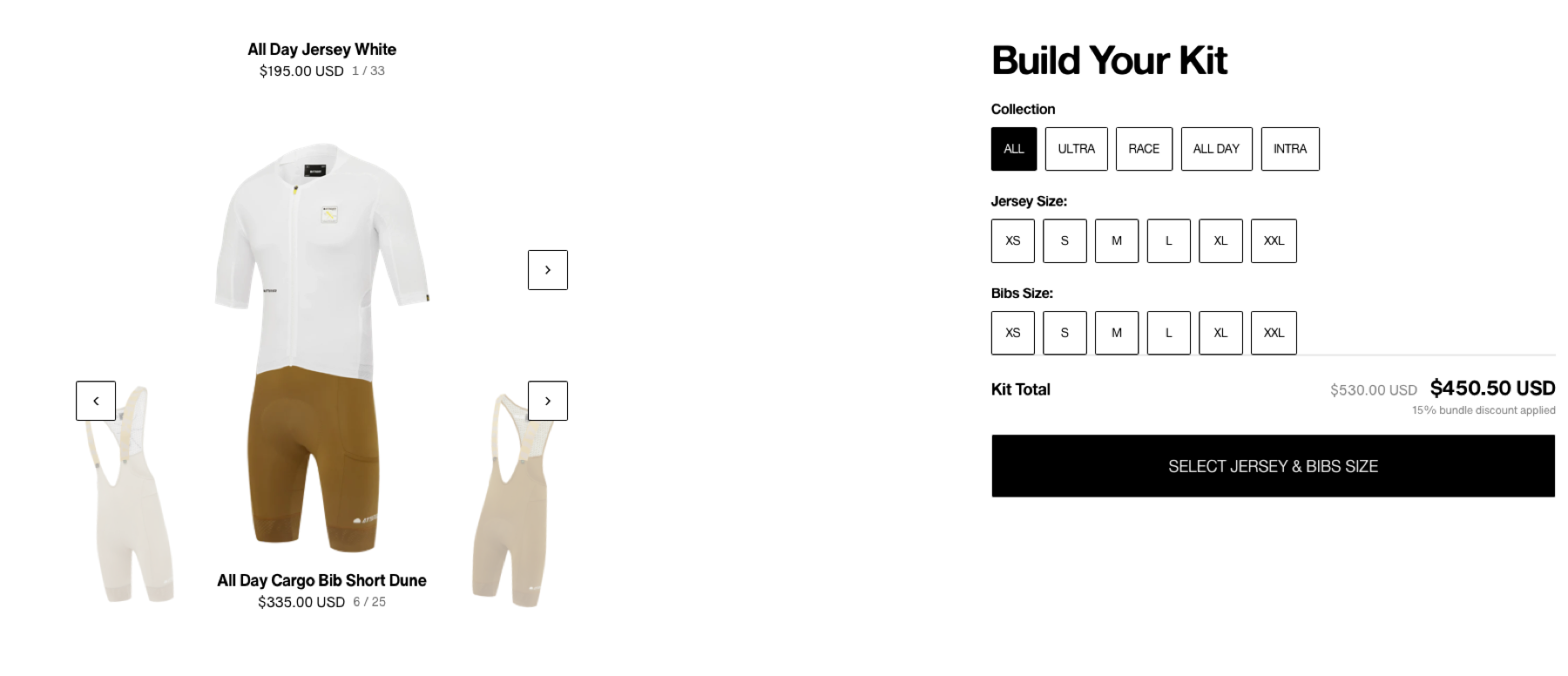 The mix-and-match kit builder we built into Attaquer's product pages: pick a jersey and bibs across any collection, live pricing, bundle discount applied automatically.